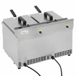 Rear view of the Apuro Double Induction Fryer showing two black control knobs, ventilation grilles, and power cables on the stainless steel back panel.