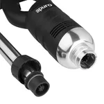 Close-up of the Apuro Stick Blender's black motor housing and white logo, showing the stainless steel threaded coupling and detached shaft.