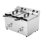 Apuro double induction fryer angled close-up showing brushed stainless steel body, black oil taps, and rear control panel with dials.