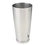 Olympia Boston Shaker Can close-up side view showing polished stainless steel body with brushed interior and raised base rim