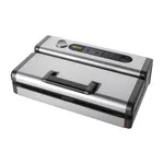 Apuro Vacuum Pack Machine angled close-up showing brushed stainless steel body, black handle, and control panel with yellow logo