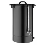 Apuro Water Boiler Matt Black front view showing the vertical water gauge, chrome spigot, and top handle on the 40Ltr vessel.