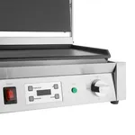 Apuro Extra Large Single Contact Grill close-up of the brushed stainless steel control panel with red switch and temperature dial
