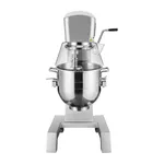 Apuro Digital Planetary Mixer 30Ltr, front view from elevated angle, stainless steel bowl with wire whisk and clear splash guard