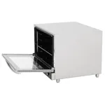 Apuro convection oven from a three-quarter angle with the glass door open, revealing the black interior cavity and wire racks.
