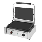 Apuro Bistro Contact Grill front three-quarter view with lid raised, showing black non-stick plates and stainless steel base