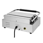 Apuro Bistro Contact Grill rear view showing flat plate, black handle, and yellow control knob on stainless steel base