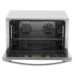 Apuro convection oven front view with door open, revealing interior fan grilles and wire racks, featuring a gold Buffalo logo on the glass.