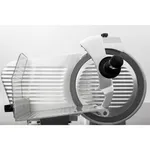 Apuro Meat Slicer - 300mm close-up side view showing silver ribbed body, clear plastic carriage, and white blade guard with black knob