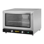Apuro convection oven angled front view showing stainless steel body, glass door, and control panel with dials and green power button.