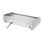 Apuro counter top electric griddle from a low front-left angle, showing the stainless steel surface and front panel with black switch and yellow-tipped knobs.