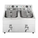 Apuro Double Induction Fryer front view showing two wire baskets, green rocker switch, and chrome drain valves on stainless steel body
