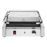 Apuro Bistro Contact Grill front view showing the stainless steel lid, black gasket, and control panel with red switch and temperature dial.