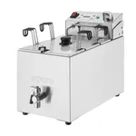 Apuro Pasta Cooker 8Ltr angled view showing brushed stainless steel body, black control knob, and chrome drain valve.