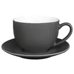 Olympia Cafe Cappuccino Cup Charcoal 340ml in three-quarter profile, featuring matte ceramic exterior and white interior