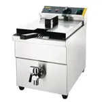 Apuro Induction Fryer close-up showing brushed stainless steel cabinet, black control panel with dial, and chrome drain valve.