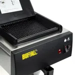 Close-up of the Apuro Manual Fill Pour-Over Filter Coffee Machine showing a black and stainless steel body with a yellow BUFFALO logo and open hinged lid.