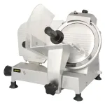 Apuro Meat Slicer 250mm angled close-up showing brushed stainless steel body, black feed handle, and clear plastic food pusher.