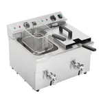 Apuro double induction fryer close-up showing stainless steel body, rear controls, and front drain valves