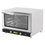Apuro convection oven three-quarter view showing glass door, internal racks, and control panel with yellow Buffalo logo