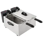 Caterlite Light Duty Fryer angled view showing dual stainless steel tanks, one open with a wire basket and one covered by a lid.