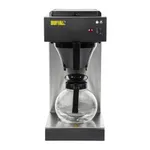 Front view of a black and stainless-steel Buffalo drip coffee machine with a red light, rocker switches, and a clear glass carafe.