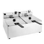 Apuro Double Fryer three-quarter view showing two stainless steel tanks, black rotary dials, and engraved brand name on the front panel.