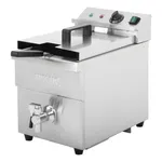 Apuro Induction Fryer 8Ltr 3kW from front-left, showing stainless steel body, embossed logo, and chrome drain valve.