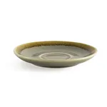 Olympia Kiln Moss Saucer in three-quarter view, featuring a matte grey-green interior and a textured olive-to-brown flared rim.