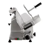 Apuro Meat Slicer - 300mm side view showing stainless steel body, black feet, and control panel with red and green switches