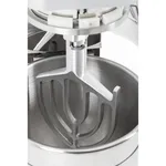 Close-up of the Apuro Digital Planetary Mixer's stainless steel bowl with a silver multi-pronged dough hook suspended from the central drive shaft.