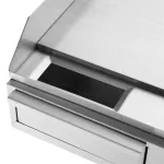 Apuro Counter Top Electric Griddle close-up of the front edge showing a brushed stainless steel drip tray and raised lip.