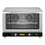 Front view of the Apuro Bakery Convection Oven showing its stainless steel exterior, glass door, and black control panel with the yellow BUFFALO logo.