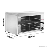 Benchstar Toaster Griller Salamander AT-937E from a three-quarter angle with door open, showing wire rack and 840mm dimensions.