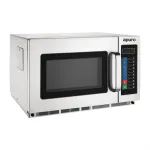Apuro Commercial Microwave three-quarter view showing stainless steel body, black glass door, and control panel with digital display