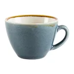 Olympia Kiln Ocean Cup side view showing speckled matte blue-grey ceramic body and amber-brown rim detail