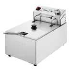 Apuro single electric fryer angled close-up showing brushed stainless steel body, embossed logo, and rear control panel with timer