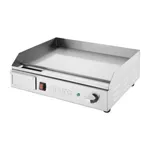 Apuro Small Countertop Griddle Steel Plate from a front three-quarter angle, showing the stainless steel surface and control panel with red switch.