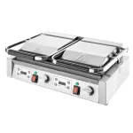 Apuro Double Contact Grill angled close-up showing brushed stainless steel body, dual flat plates, and front panel with digital displays and red switches.