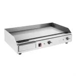 Apuro counter top electric griddle angled front view showing stainless steel body, red rocker switch, and two rotary dials
