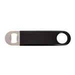 Olympia Bottle Opener Black PVC Grip close-up side view showing matte black handle and silver metal head with cap notch