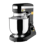 Apuro Planetary Mixer Black 7Ltr, angled side view showing glossy housing, stainless steel bowl, and control panel with yellow logo.