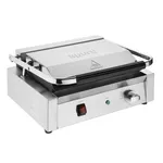 Apuro Bistro Contact Grill in a three-quarter view showing the stainless steel body, black handle, and front panel with red switch and temperature dial.