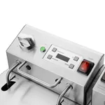 Close-up of the Apuro Double Electric Fryer control panel with brushed stainless steel finish, rotary dial, digital display, and red rocker switch.