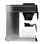 Apuro manual fill pour-over coffee machine side view with brushed stainless steel frame and black conical filter basket over clear glass carafe