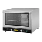 Apuro convection oven front-left view showing stainless steel body, adjustable feet, and black control panel with dials