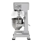 Apuro Digital Planetary Mixer side view showing white control head, transparent splash guard, and stainless steel bowl with whisk.