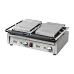Apuro Contact Grill Double Ribbed/Ribbed angled close-up showing stainless steel base with dual digital controllers and red rocker switch