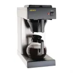 Apuro manual fill pour-over coffee machine angled close-up showing brushed stainless steel body, black housing with red light, and glass carafe.