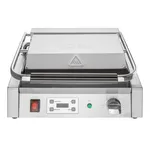 Apuro Extra Large Single Contact Grill front view with closed stainless steel lid, embossed logo, and control panel with digital display